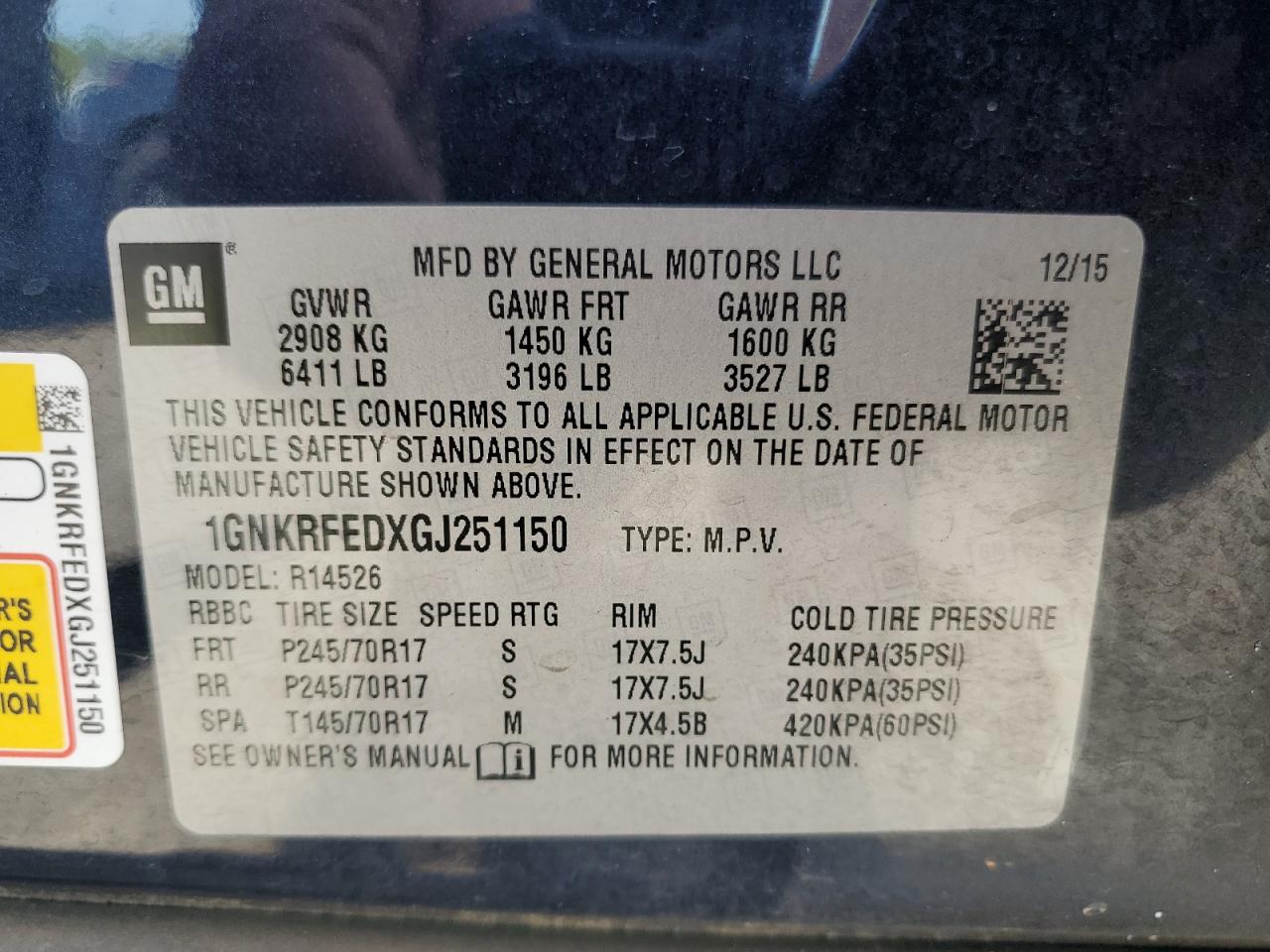 2016 Chevrolet Traverse Ls VIN: 1GNKRFEDXGJ251150 Lot: 68369305