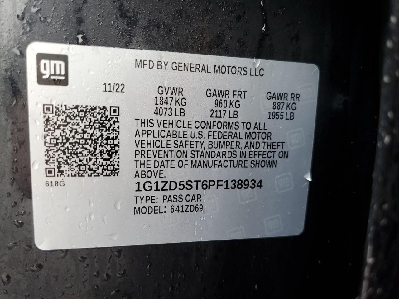 2023 Chevrolet Malibu Lt VIN: 1G1ZD5ST6PF138934 Lot: 84210045