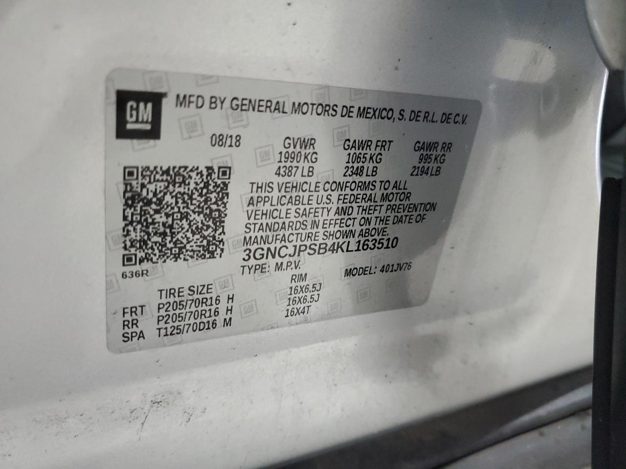 2019 Chevrolet Trax 1Lt VIN: 3GNCJPSB4KL163510 Lot: 84008805