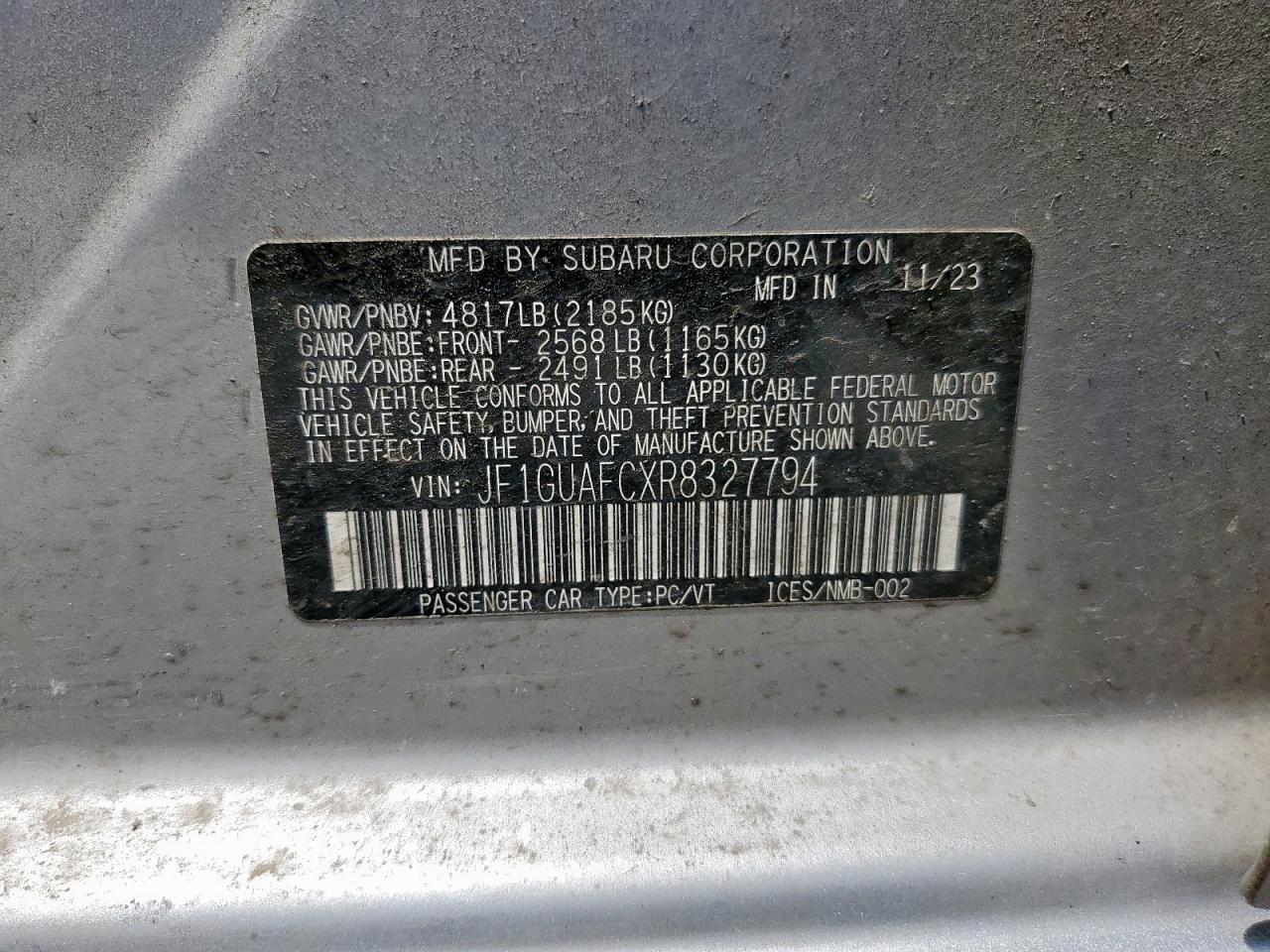 2024 Subaru Impreza Sport VIN: JF1GUAFCXR8327794 Lot: 70348505