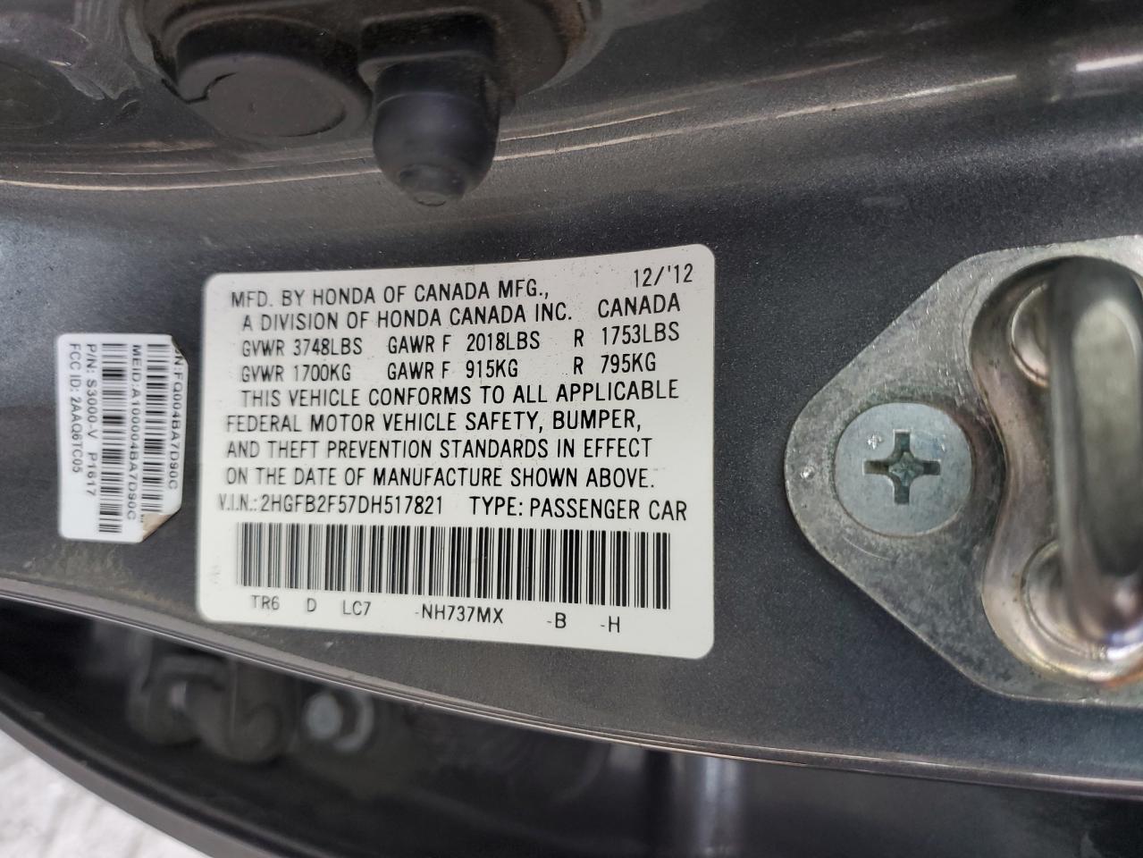 2013 Honda Civic Lx VIN: 2HGFB2F57DH517821 Lot: 81631305