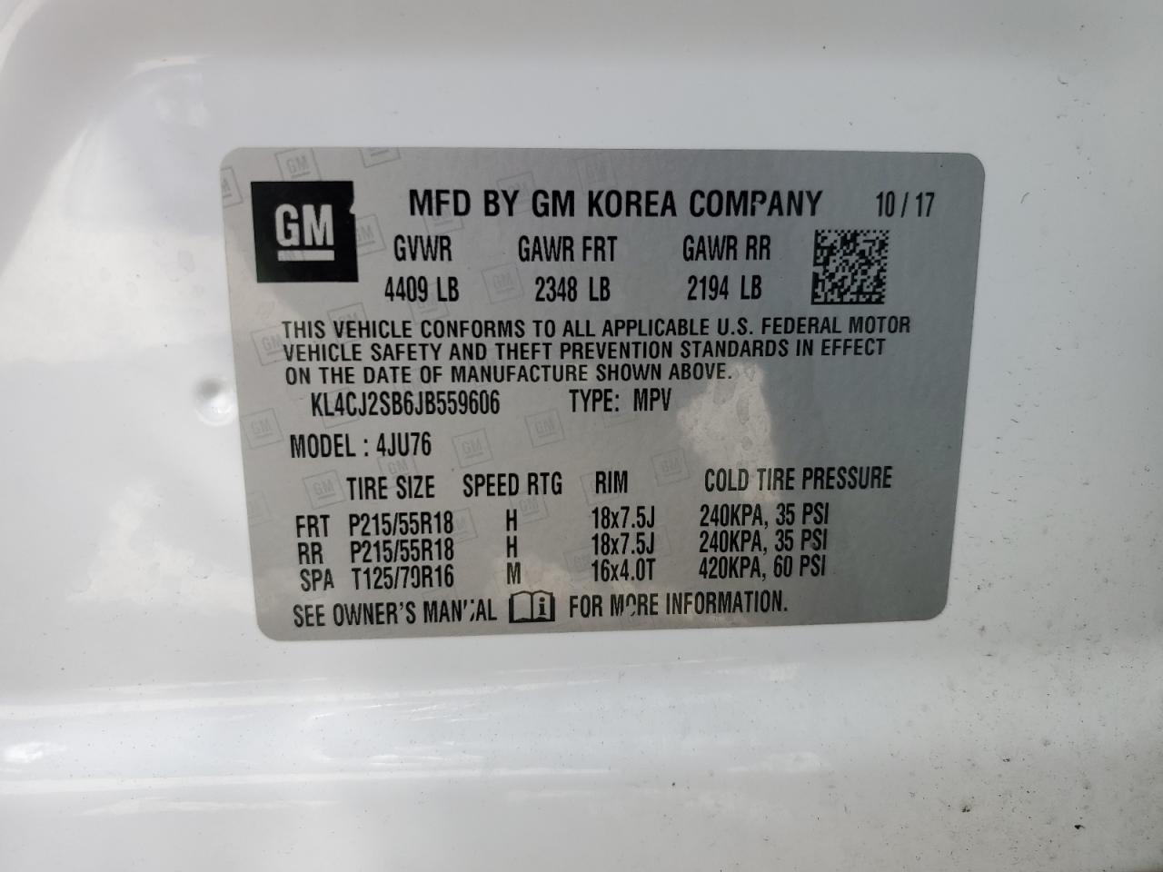 2018 Buick Encore Sport Touring VIN: KL4CJ2SB6JB559606 Lot: 70735345