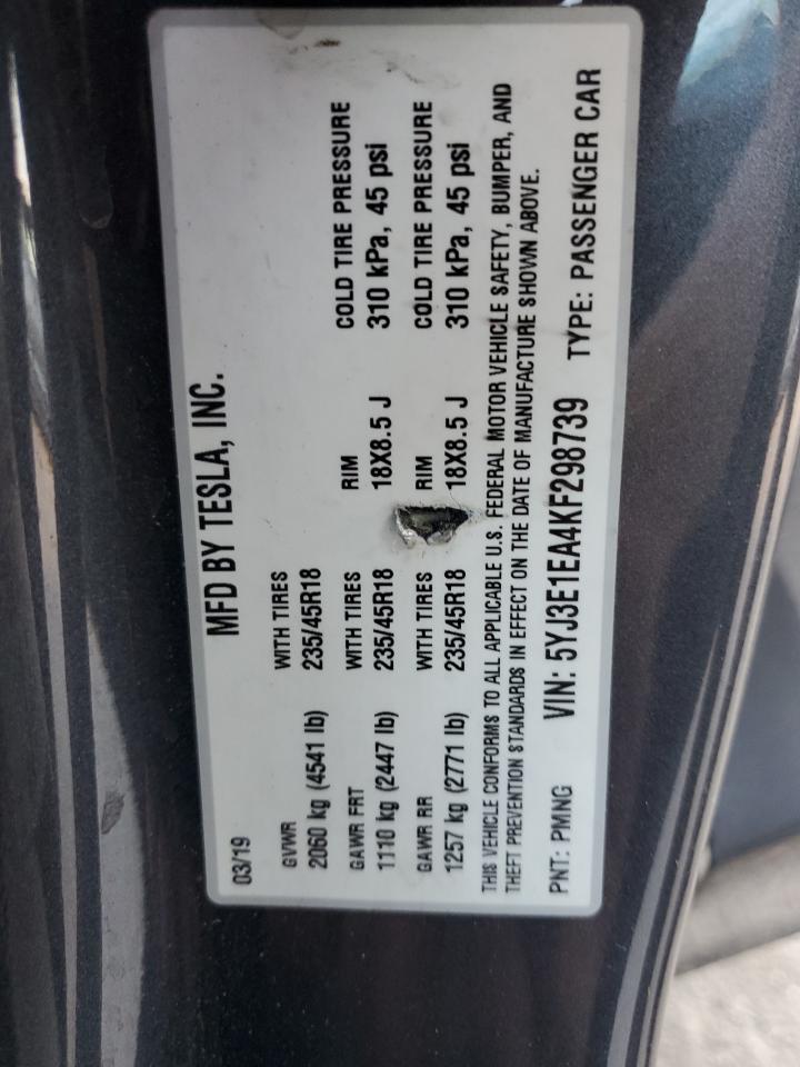 2019 Tesla Model 3 VIN: 5YJ3E1EA4KF298739 Lot: 83817735
