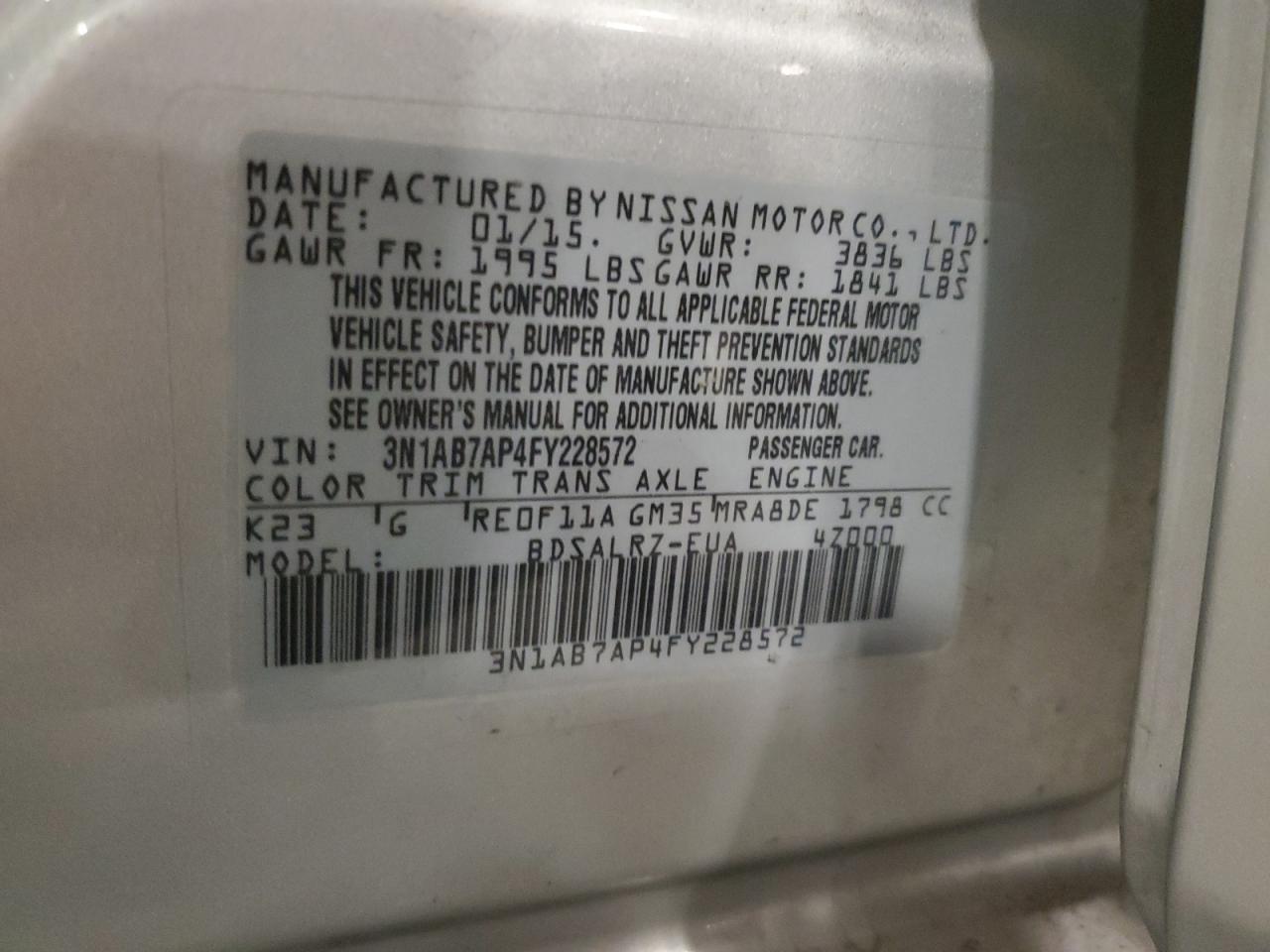 2015 Nissan Sentra S VIN: 3N1AB7AP4FY228572 Lot: 80830265