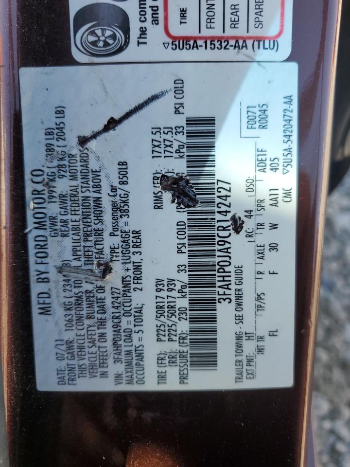 2012 Ford Fusion Sel VIN: 3FAHP0JA9CR142427 Lot: 84736735