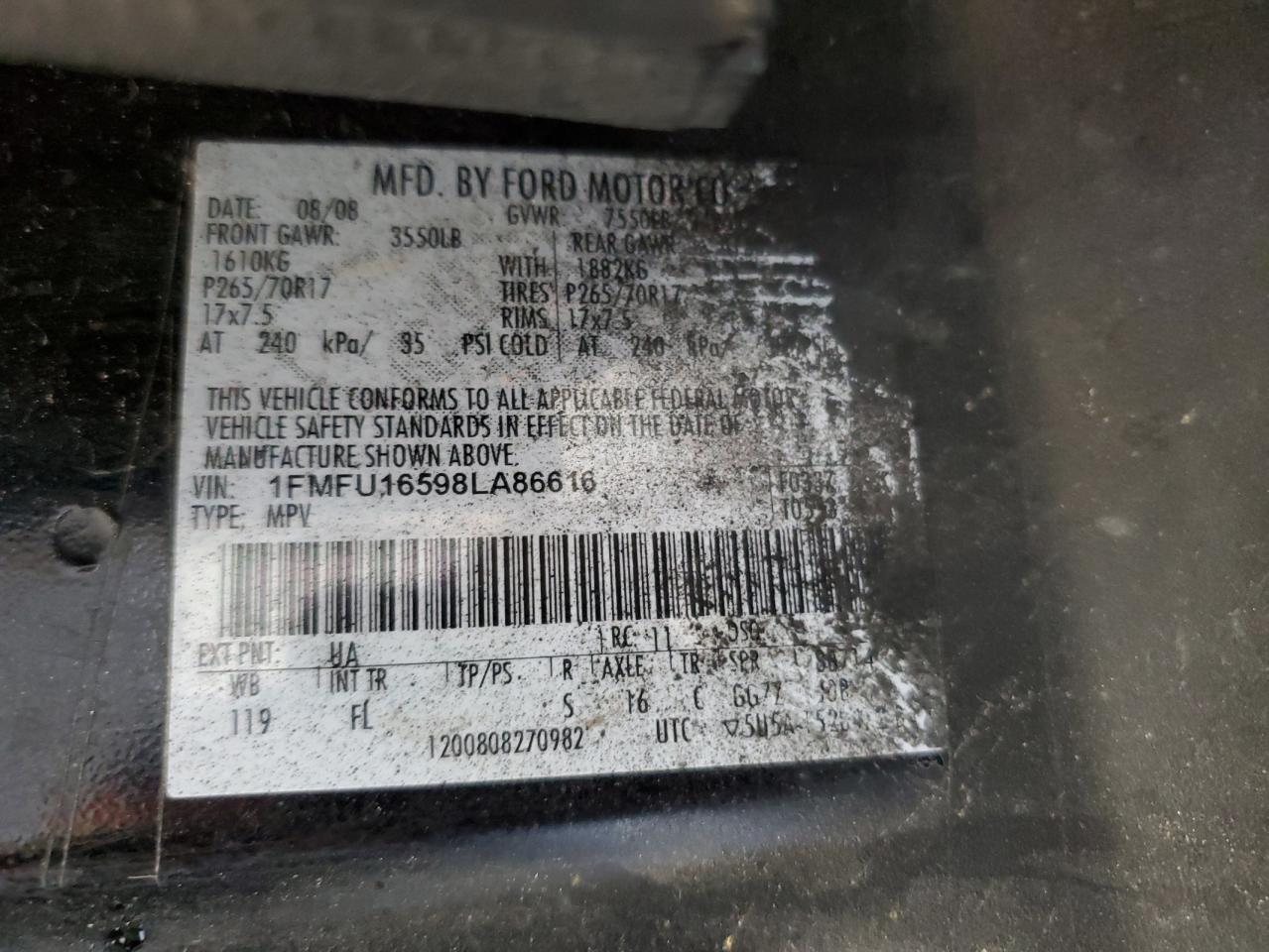 2008 Ford Expedition Xlt VIN: 1FMFU16598LA86616 Lot: 71851665