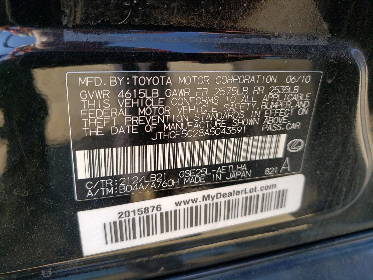 2010 Lexus Is 250 VIN: JTHCF5C28A5043591 Lot: 81221045