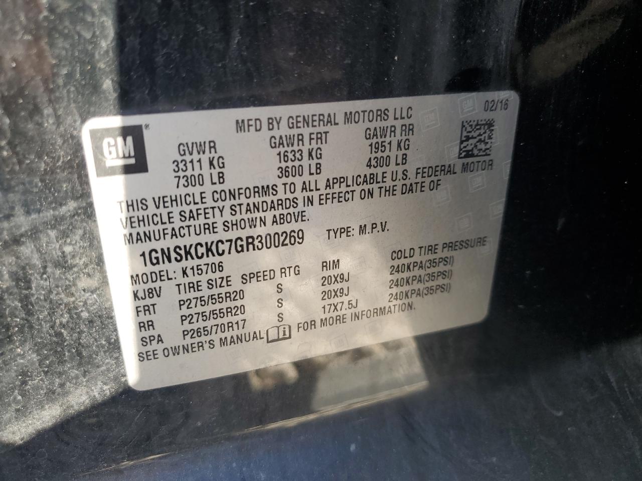 2016 Chevrolet Tahoe K1500 Ltz VIN: 1GNSKCKC7GR300269 Lot: 81906245