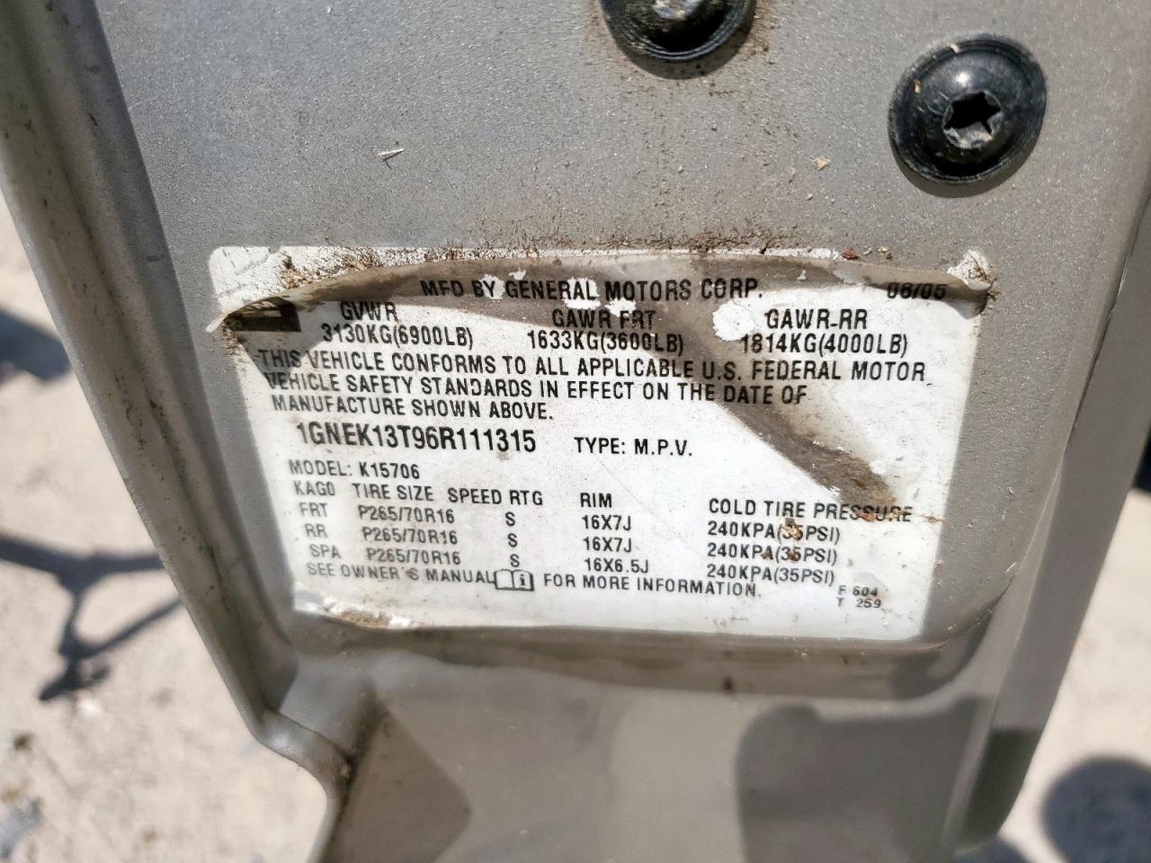 2006 Chevrolet Tahoe K1500 VIN: 1GNEK13T96R111315 Lot: 84695585