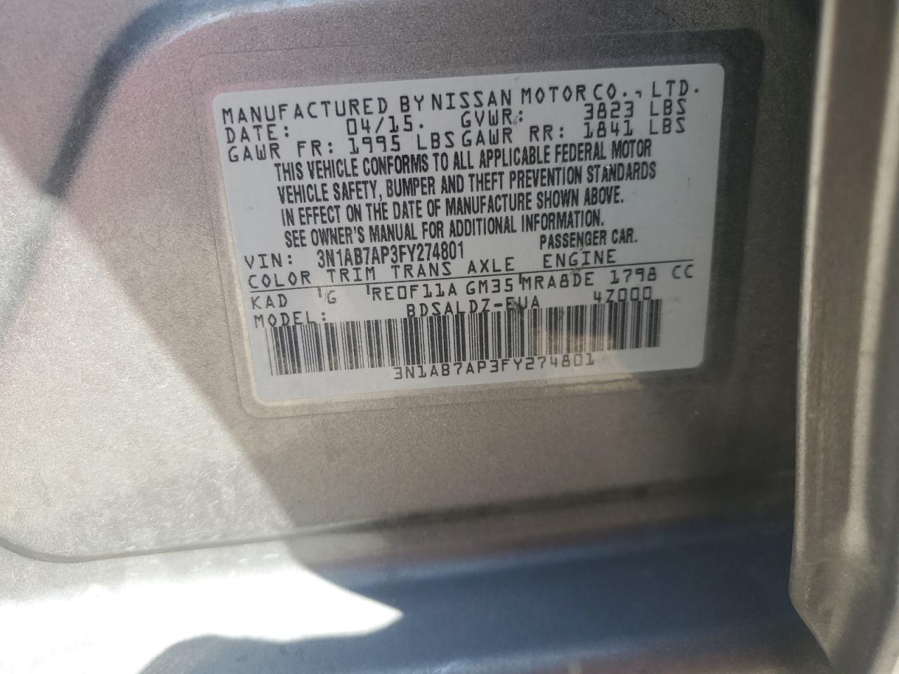 2015 Nissan Sentra S VIN: 3N1AB7AP3FY274801 Lot: 80031785