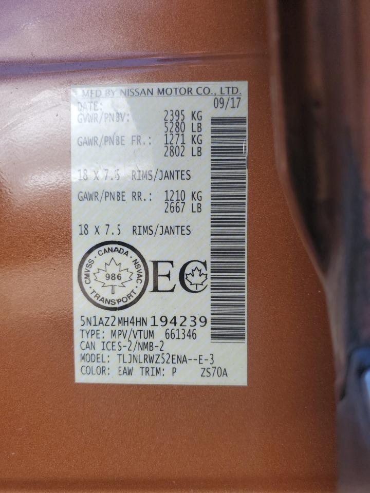 2017 Nissan Murano S VIN: 5N1AZ2MH4HN194239 Lot: 80556215