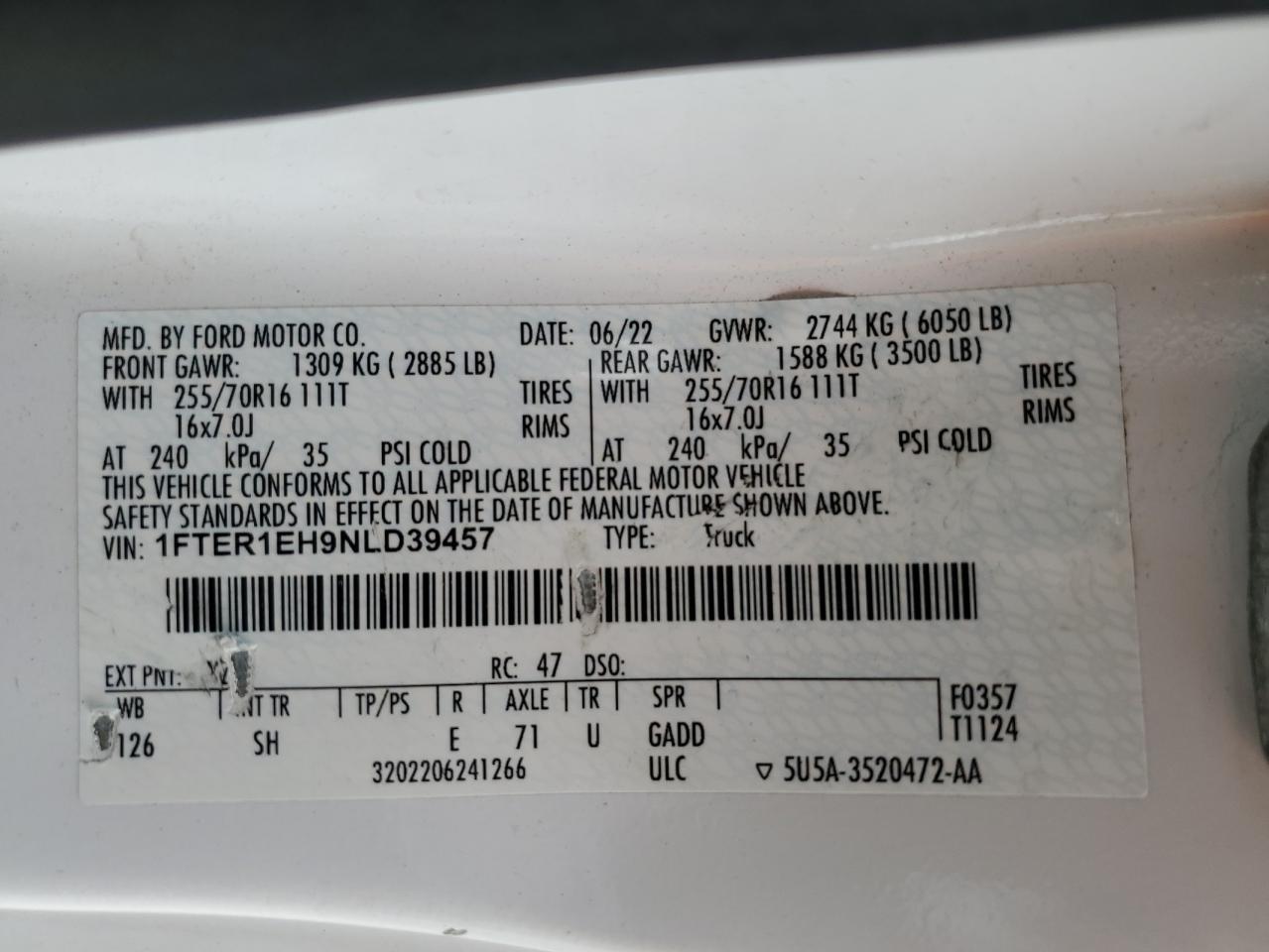 2022 Ford Ranger Xl VIN: 1FTER1EH9NLD39457 Lot: 81117035