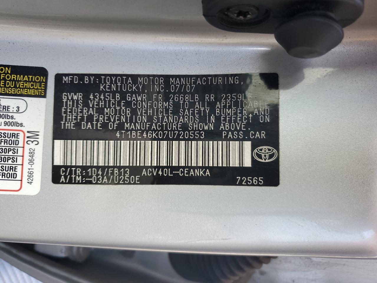 2007 Toyota Camry Ce VIN: 4T1BE46K07U720553 Lot: 81908765