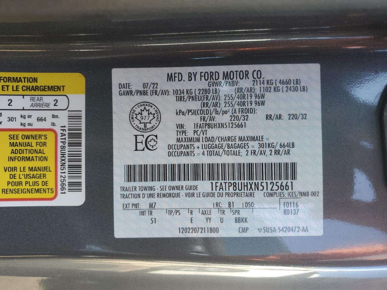 2022 Ford Mustang VIN: 1FATP8UHXN5125661 Lot: 80510305