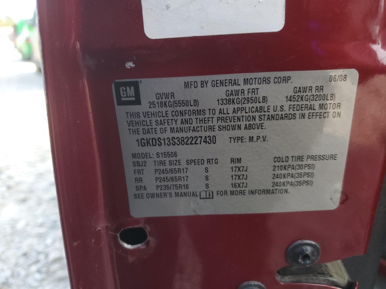 2008 GMC Envoy VIN: 1GKDS13S382227430 Lot: 71030845