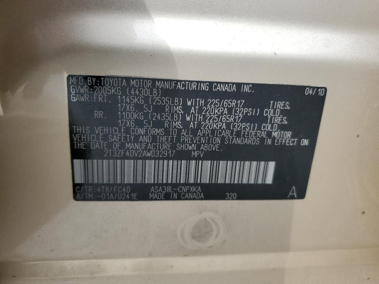 2010 Toyota Rav4 VIN: 2T3ZF4DV2AW032917 Lot: 80845805