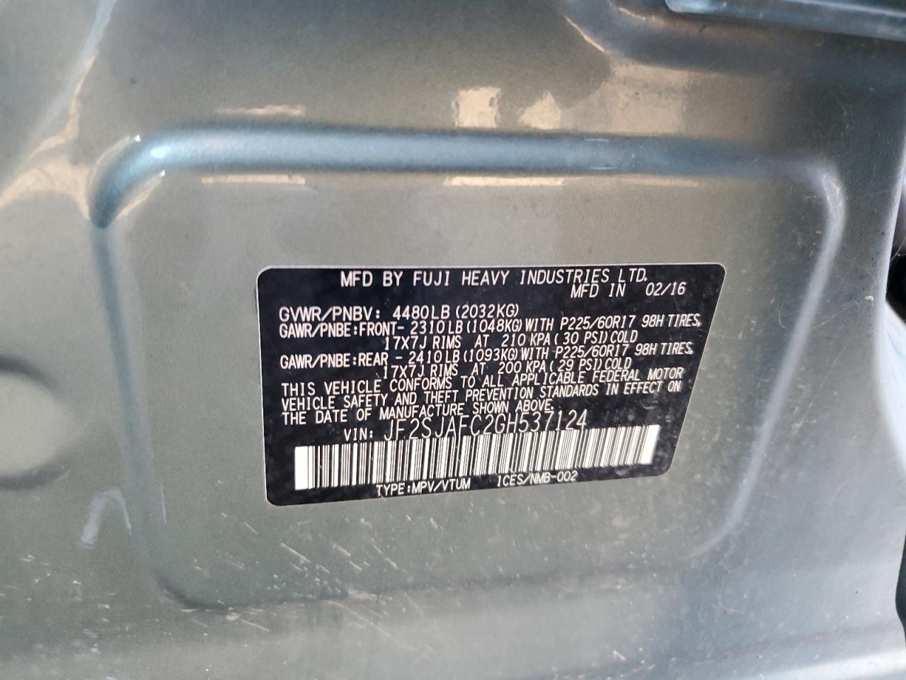 2016 Subaru Forester 2.5I Premium VIN: JF2SJAFC2GH537124 Lot: 82134855