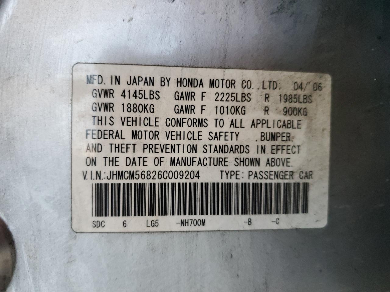 2006 Honda Accord Ex VIN: JHMCM56826C009204 Lot: 80524555