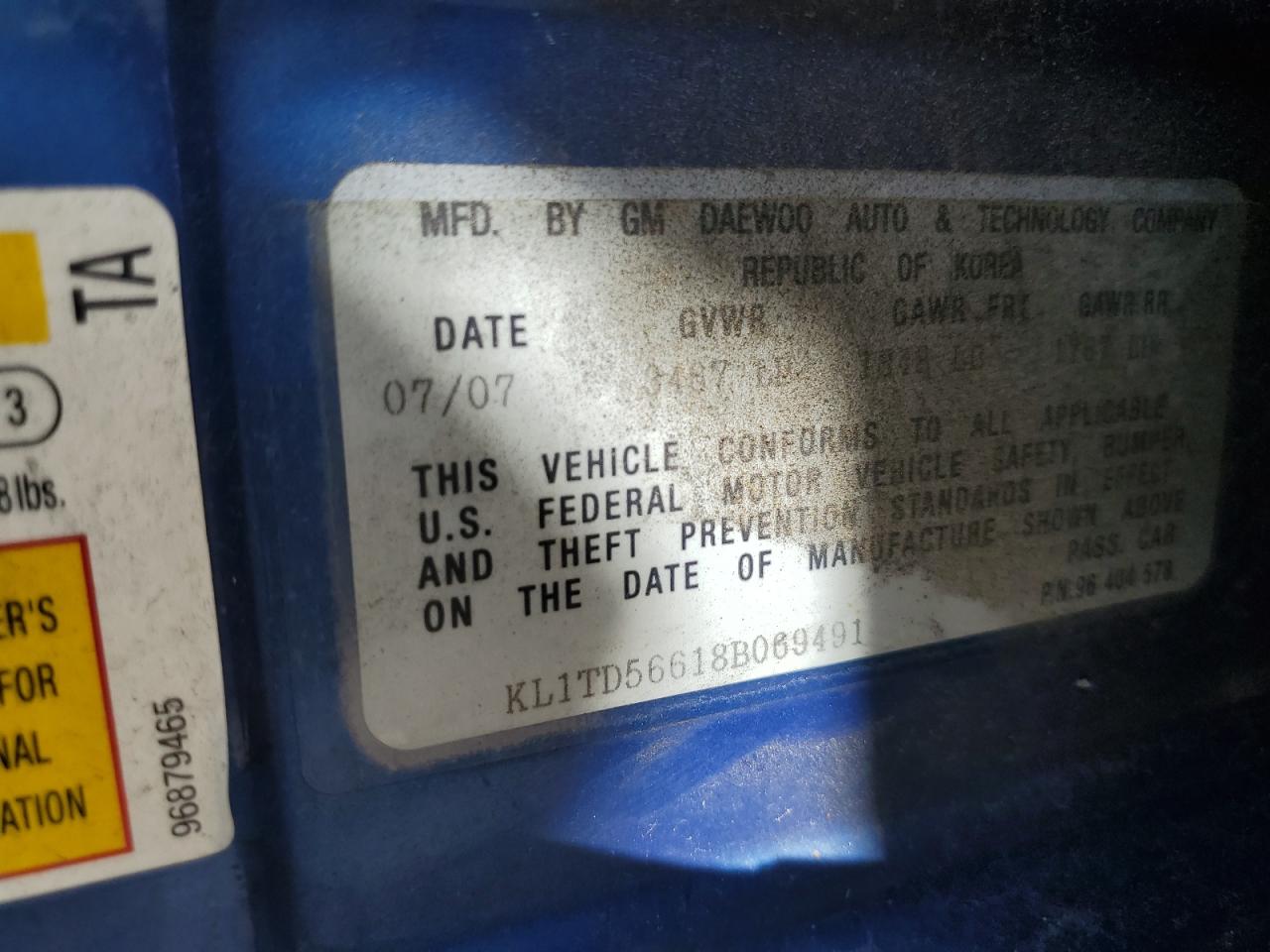 2008 Chevrolet Aveo Base VIN: KL1TD56618B069491 Lot: 84416995