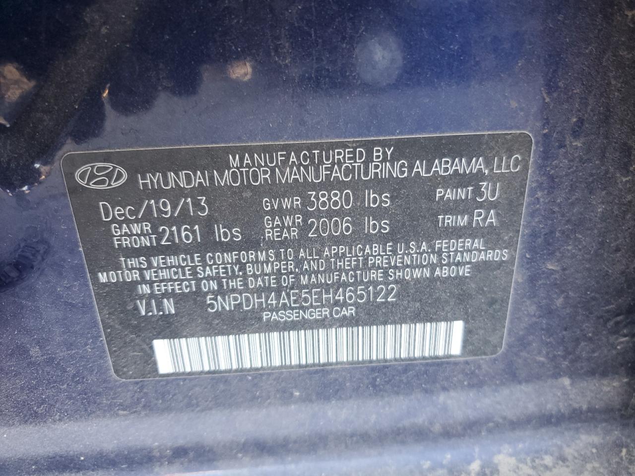 2014 Hyundai Elantra Se VIN: 5NPDH4AE5EH465122 Lot: 80429455