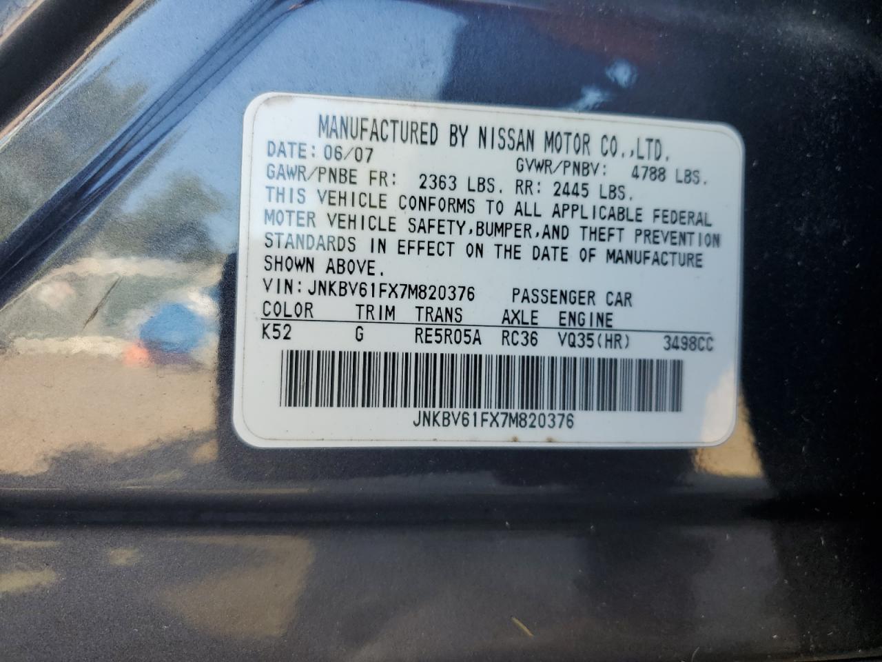 2007 Infiniti G35 VIN: JNKBV61FX7M820376 Lot: 81640695