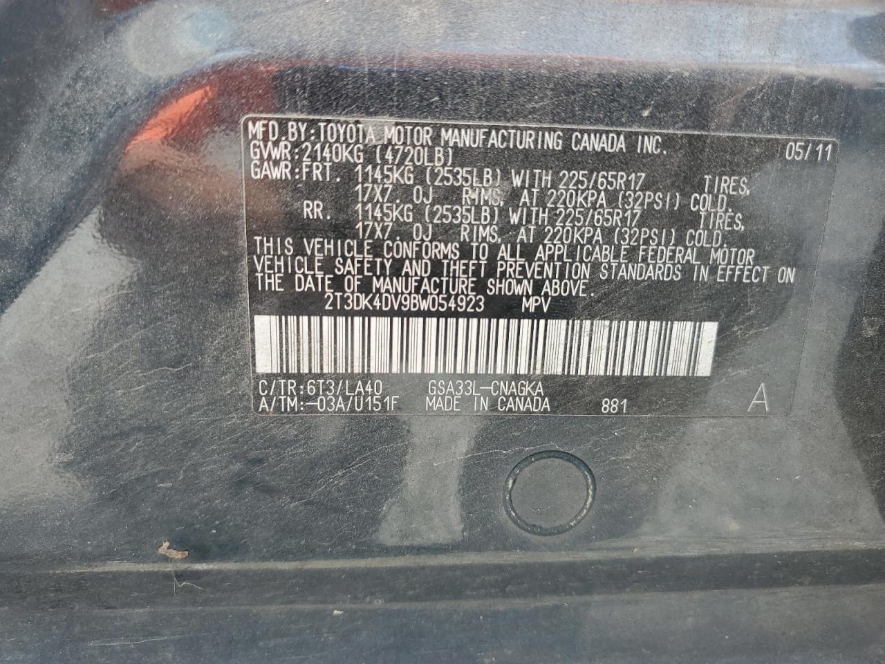 2011 Toyota Rav4 Limited VIN: 2T3DK4DV9BW054923 Lot: 83810385