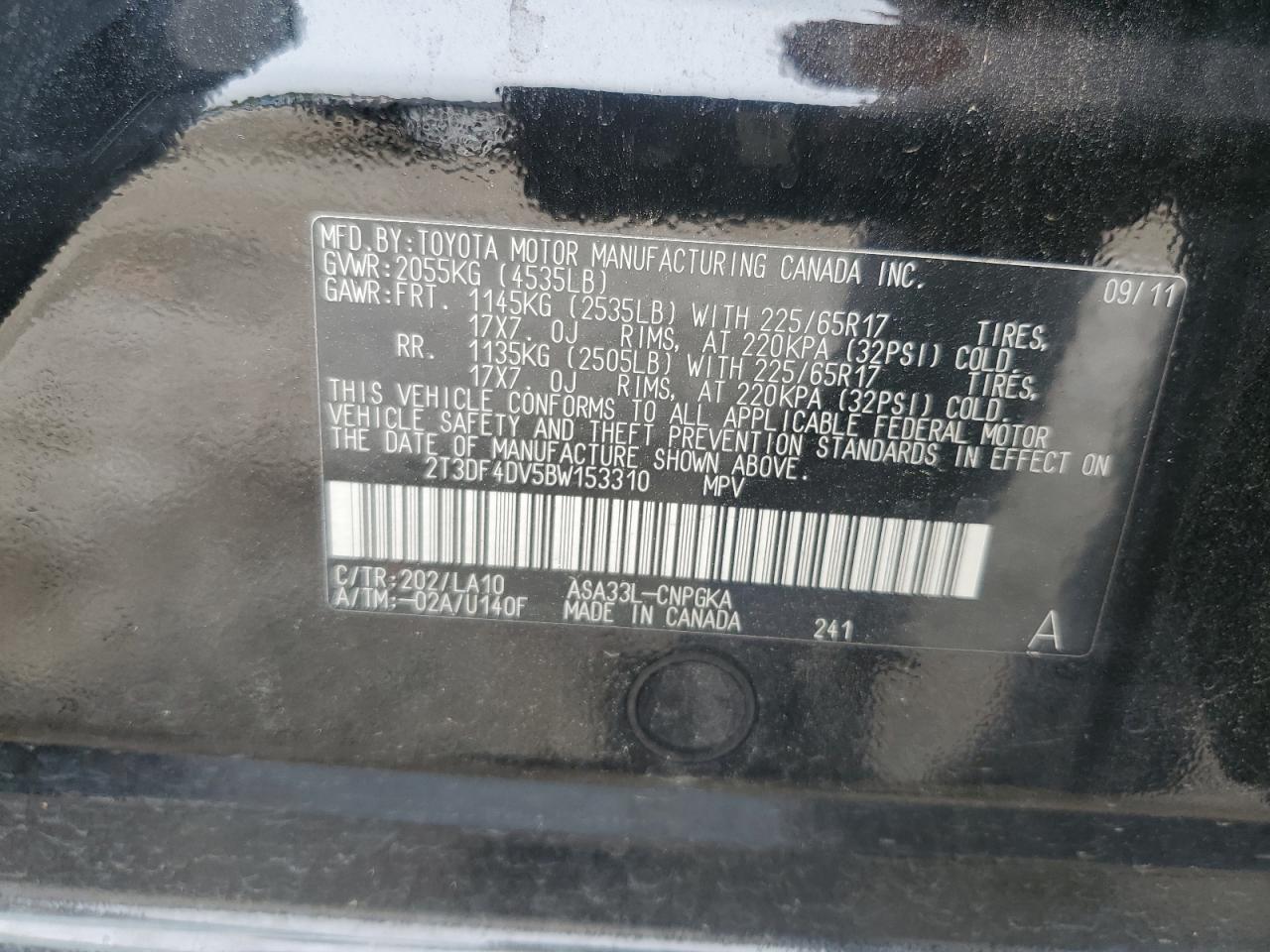 2011 Toyota Rav4 Limited VIN: 2T3DF4DV5BW153310 Lot: 84434785