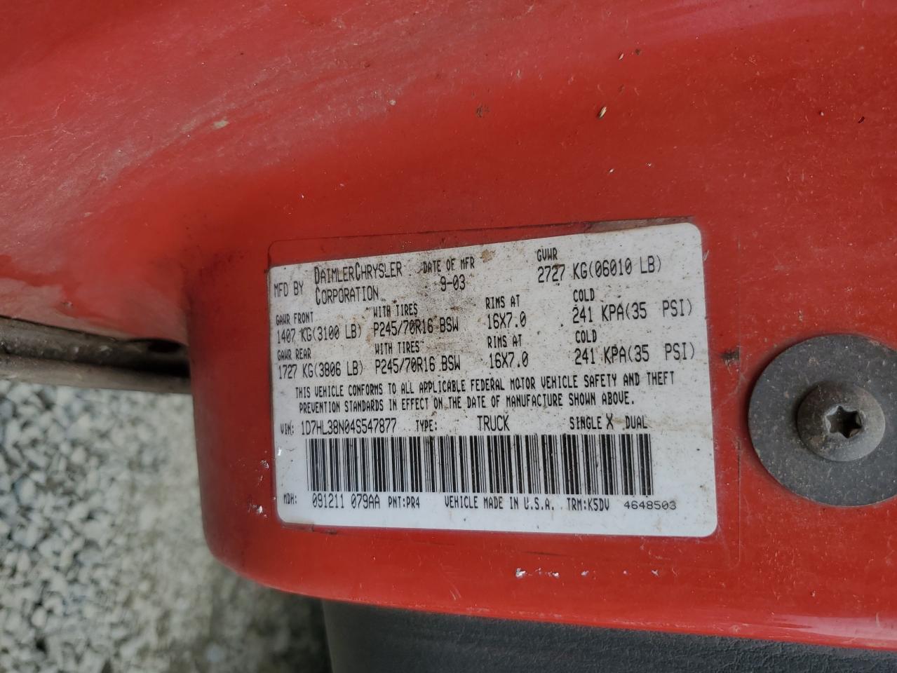2004 Dodge Dakota Quad Sport VIN: 1D7HL38N04S547877 Lot: 80321755