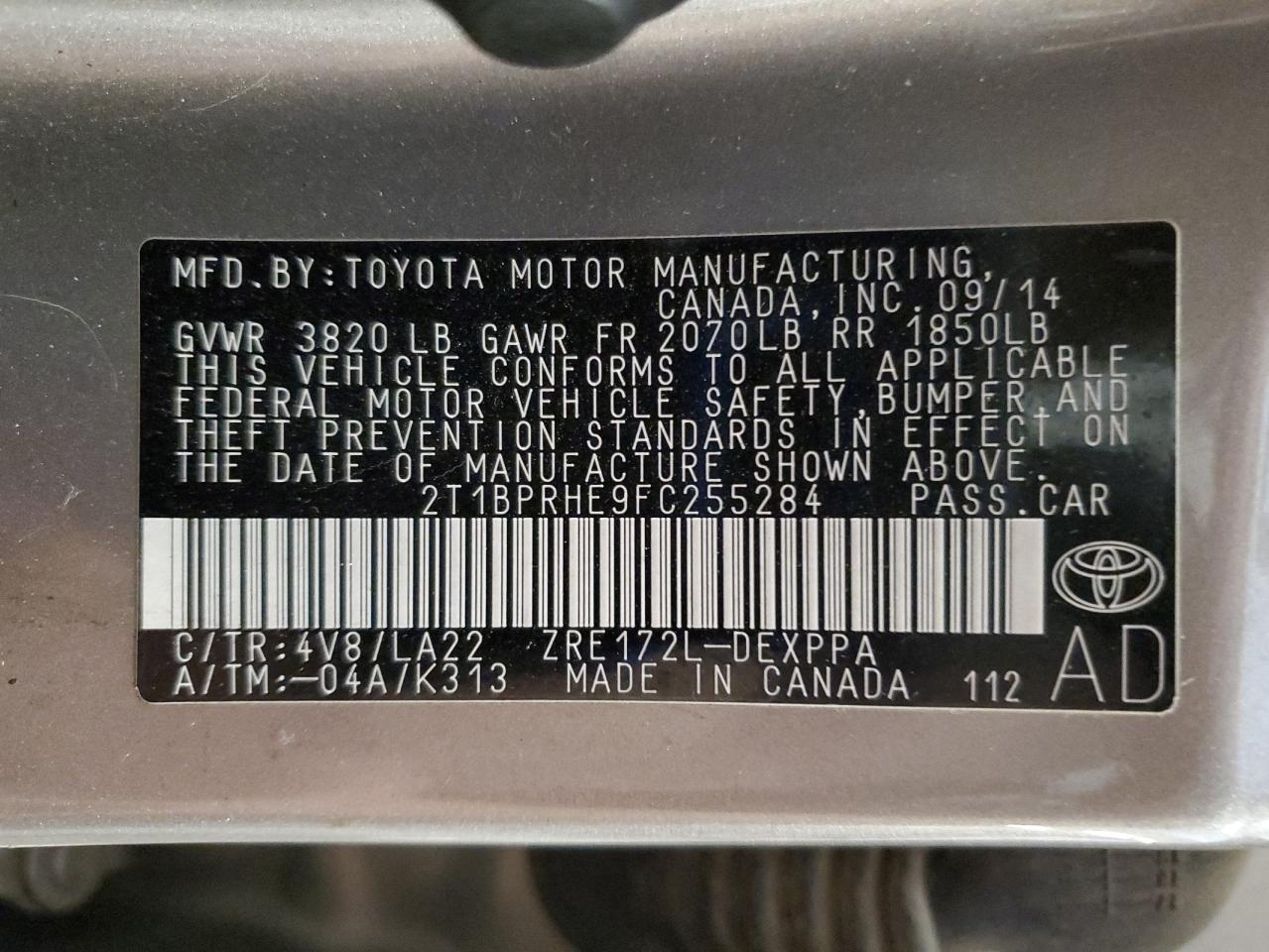 2015 Toyota Corolla Eco VIN: 2T1BPRHE9FC255284 Lot: 84658225