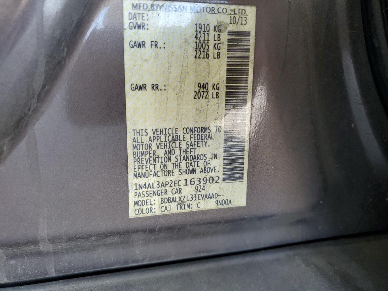 2014 Nissan Altima 2.5 VIN: 1N4AL3AP2EC163902 Lot: 80306035