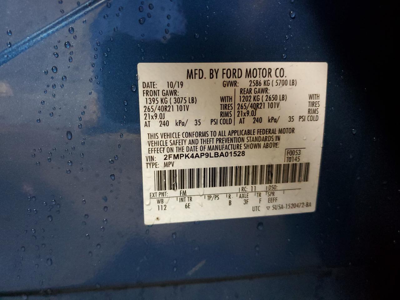 2020 Ford Edge St VIN: 2FMPK4AP9LBA01528 Lot: 83791605