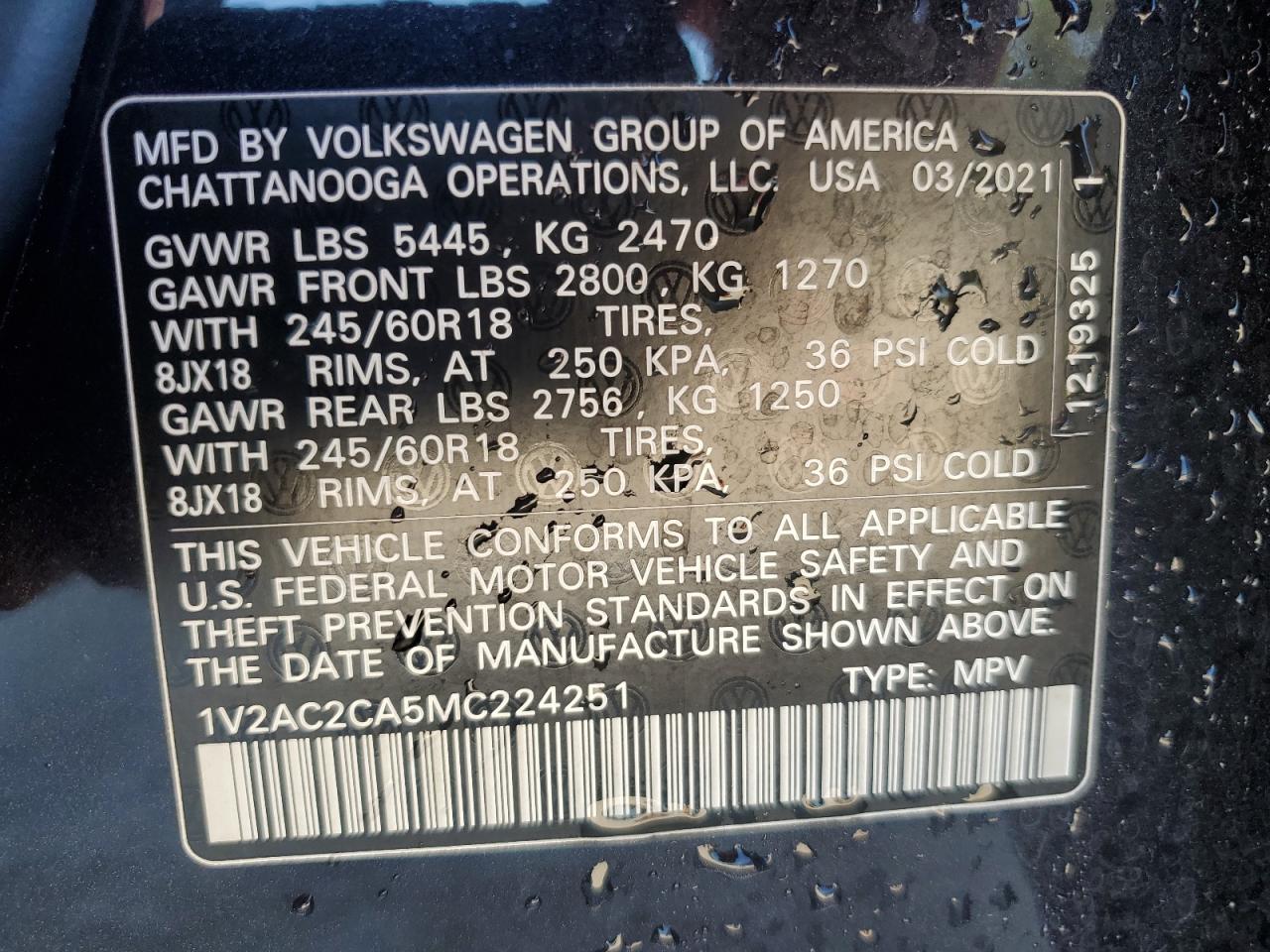 2021 Volkswagen Atlas Cross Sport S VIN: 1V2AC2CA5MC224251 Lot: 80285115