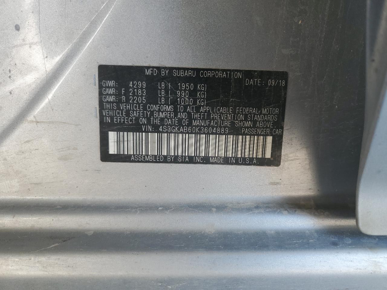 2019 Subaru Impreza VIN: 4S3GKAB60K3604889 Lot: 91675315
