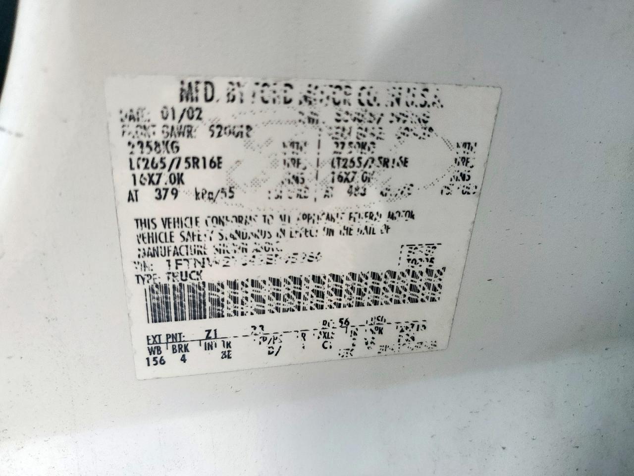 2002 Ford F250 Super Duty VIN: 1FTNW21S42EB95266 Lot: 84577865