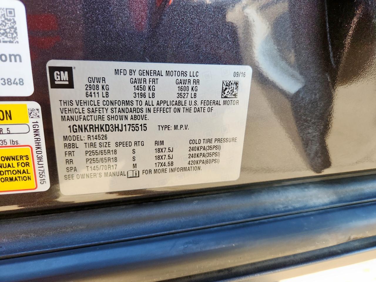 2017 Chevrolet Traverse Lt VIN: 1GNKRHKD3HJ175515 Lot: 82062645