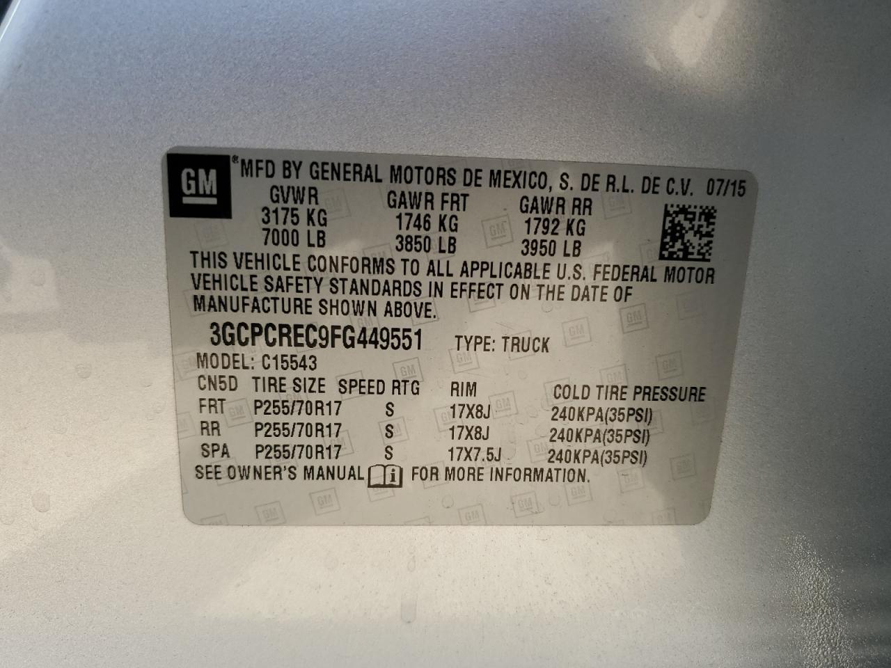 2015 Chevrolet Silverado C1500 Lt VIN: 3GCPCREC9FG449551 Lot: 96117035