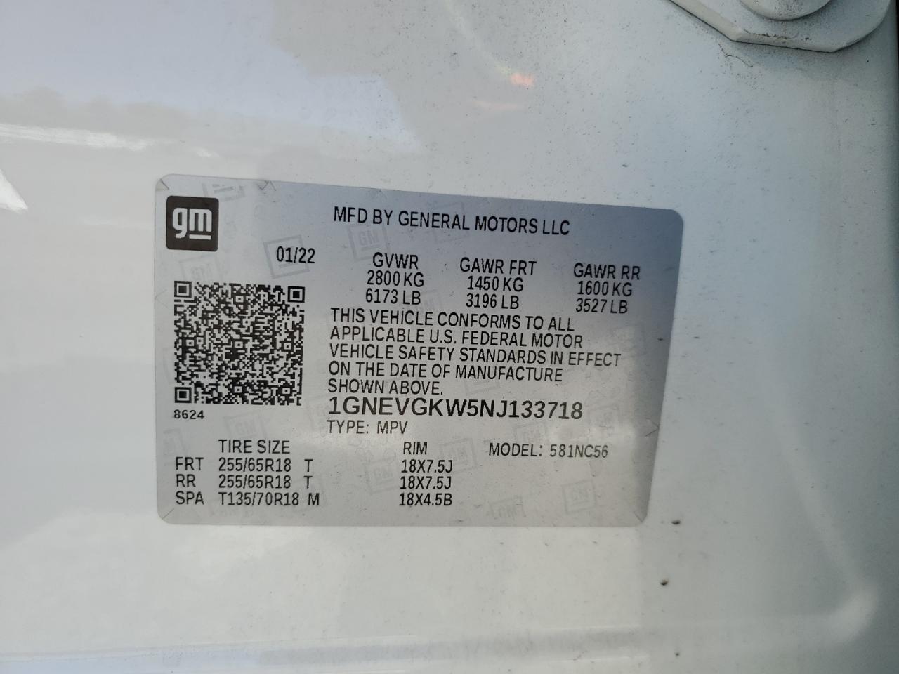 2022 Chevrolet Traverse Lt VIN: 1GNEVGKW5NJ133718 Lot: 80818155