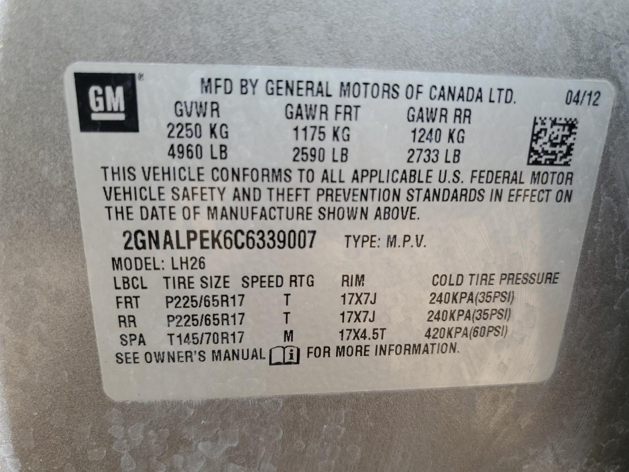 2012 Chevrolet Equinox Lt VIN: 2GNALPEK6C6339007 Lot: 81562685