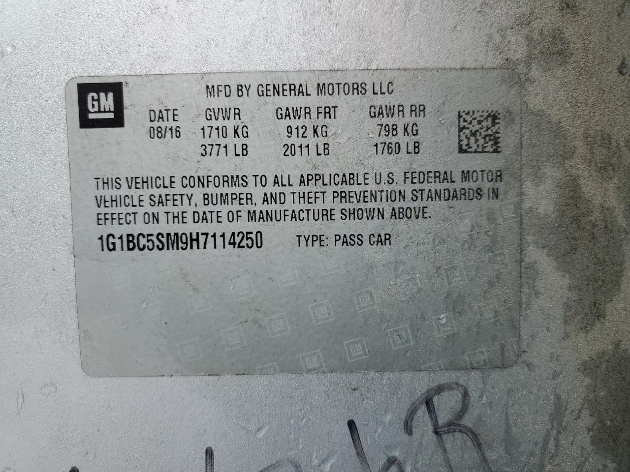 2017 Chevrolet Cruze Ls VIN: 1G1BC5SM9H7114250 Lot: 71910245