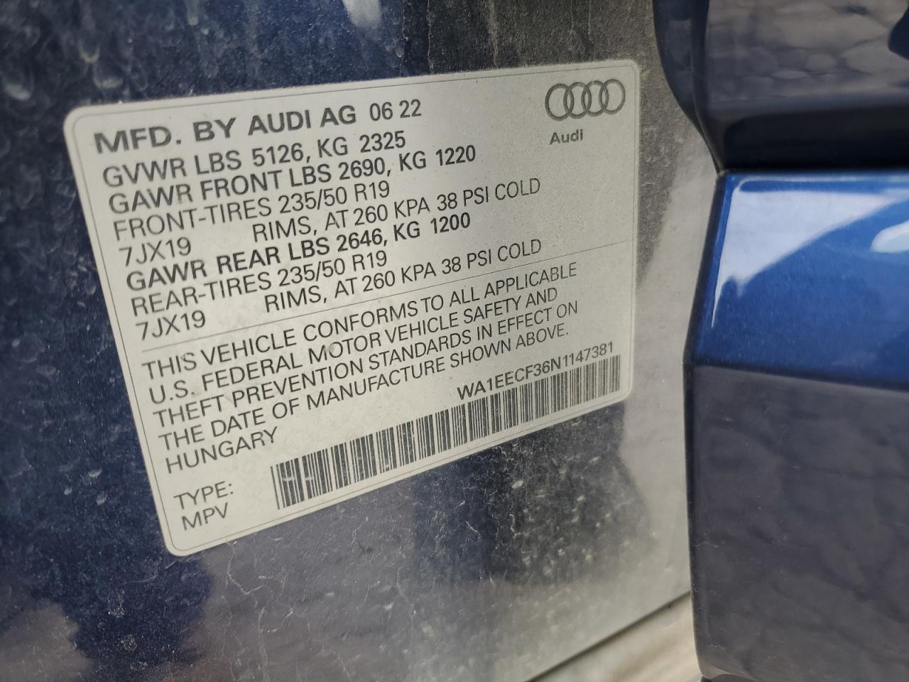 2022 Audi Q3 Premium Plus S Line 45 VIN: WA1EECF36N1147381 Lot: 84032685