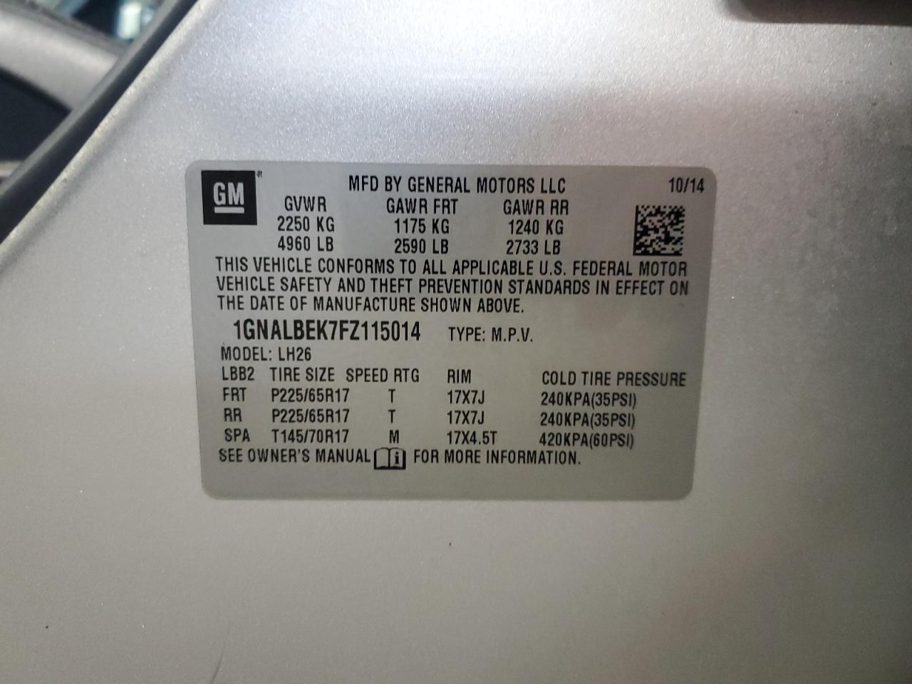 2015 Chevrolet Equinox Lt VIN: 1GNALBEK7FZ115014 Lot: 83979125