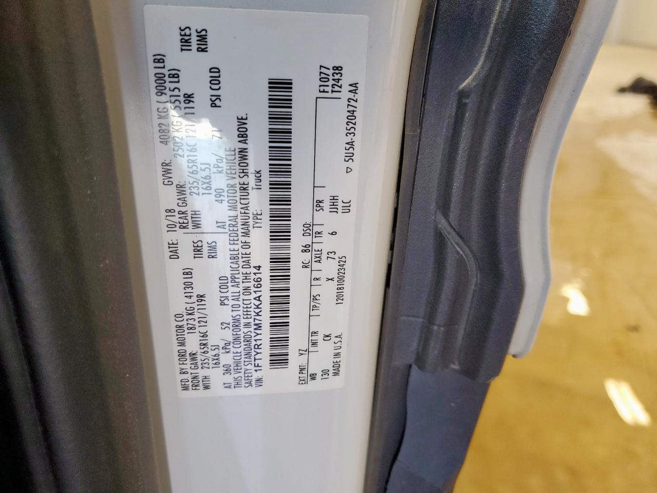 2019 Ford Transit T-250 VIN: 1FTYR1YM7KKA16614 Lot: 80384995