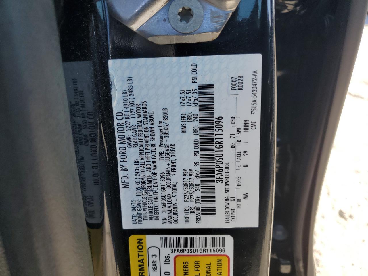 2016 Ford Fusion Titanium Phev VIN: 3FA6P0SU1GR115096 Lot: 84784215