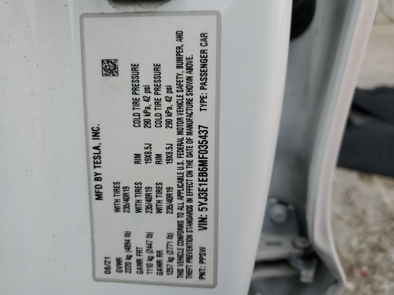 2021 Tesla Model 3 VIN: 5YJ3E1EB6MF035437 Lot: 84700625