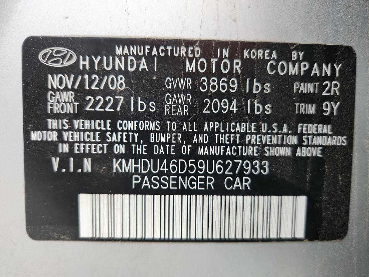 2009 Hyundai Elantra Gls VIN: KMHDU46D59U627933 Lot: 81583255
