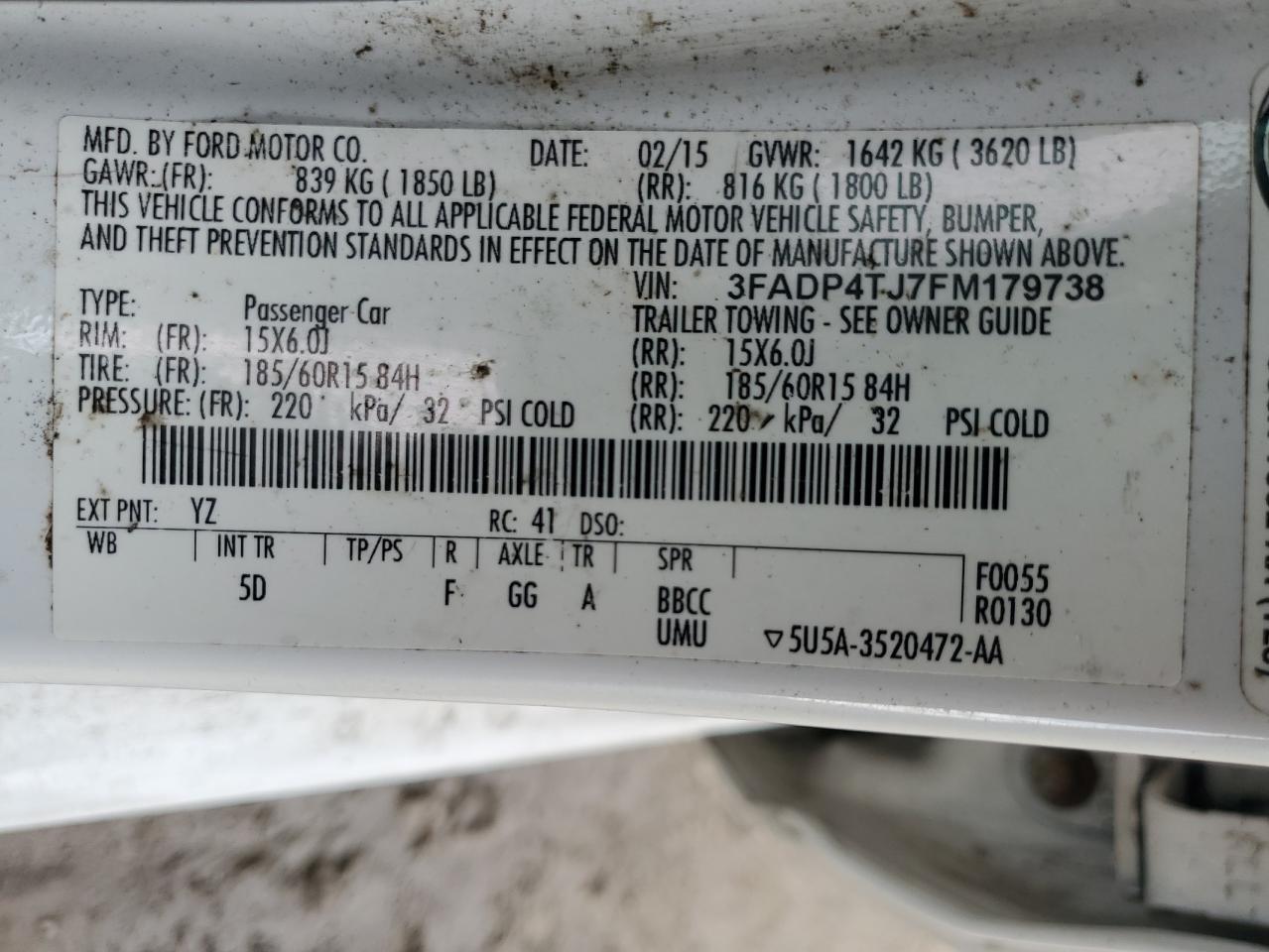 2015 Ford Fiesta S VIN: 3FADP4TJ7FM179738 Lot: 84215285