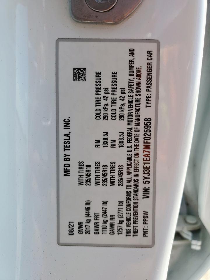 2021 Tesla Model 3 VIN: 5YJ3E1EA7MF025958 Lot: 83752995