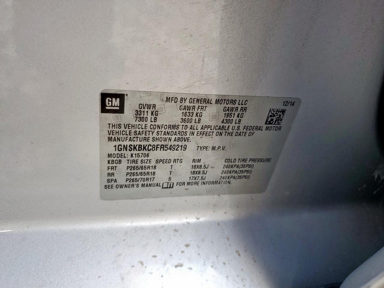 2015 Chevrolet Tahoe K1500 Lt VIN: 1GNSKBKC8FR549219 Lot: 84011995