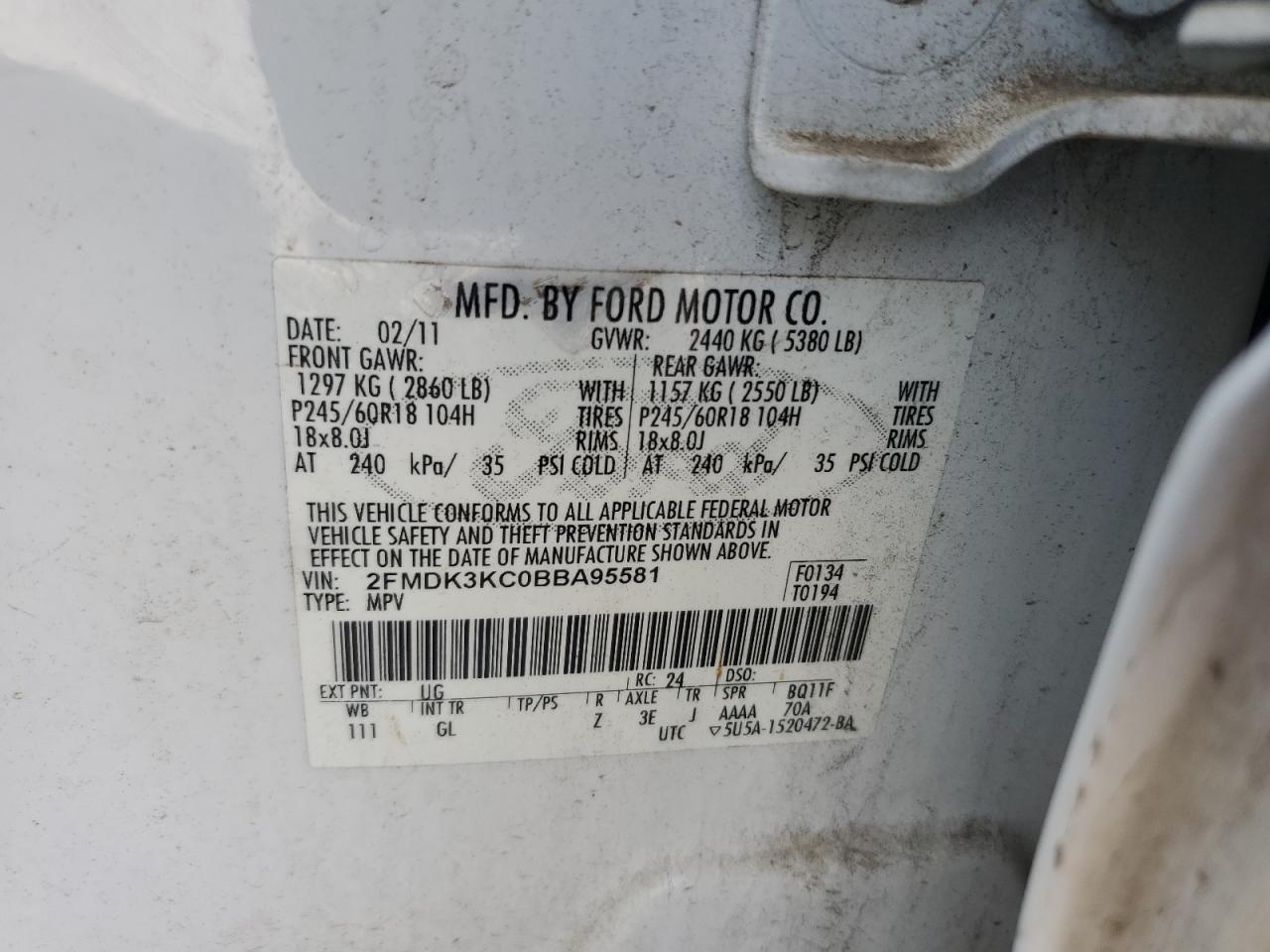 2011 Ford Edge Limited VIN: 2FMDK3KC0BBA95581 Lot: 80400665