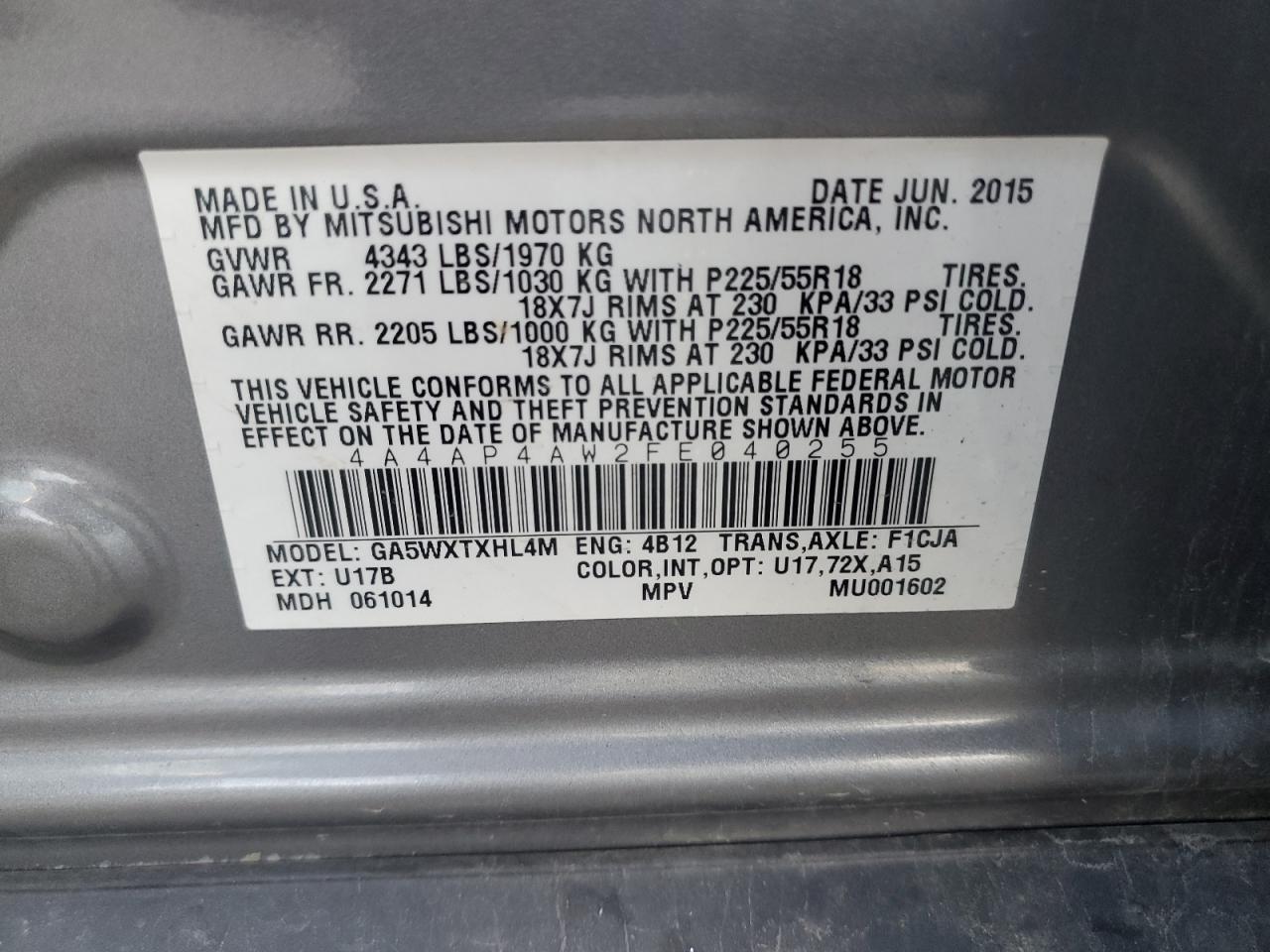 2015 Mitsubishi Outlander Sport Se VIN: 4A4AP4AW2FE040255 Lot: 84194415